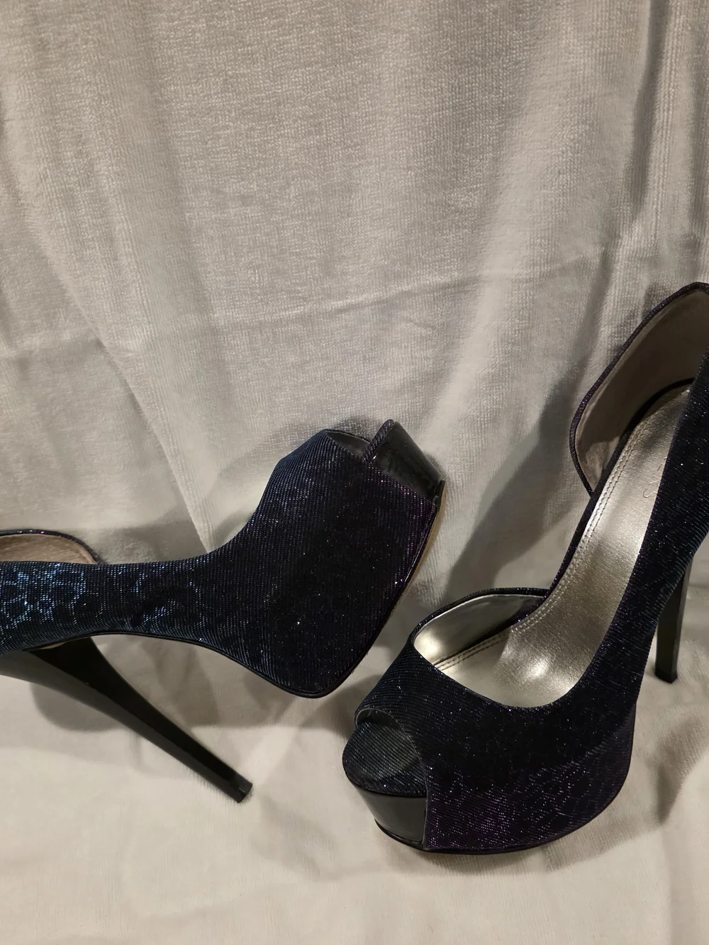 Women’s Open-Toe High Heel Pumps in Deep Navy Glitter